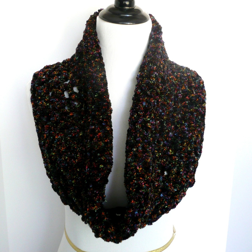 Hand Crochet Soft Warm Cozy Chenille Infinity Scarf Black Multi Color Flecks
